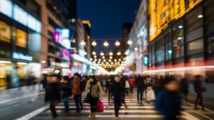 Moving crowd of people on a busy city street with long exposure