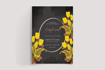 WEDDING INVITATION FRAME WITH FLOWER DECORATIONS AND FRESH LEAVES 