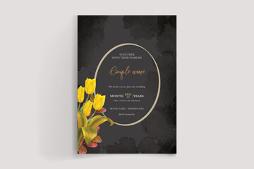 WEDDING INVITATION FRAME WITH FLOWER DECORATIONS AND FRESH LEAVES 