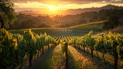 A scenic vineyard at sunset, with rows of grapevines and the warm glow of the setting sun, capturing the beauty of wine country