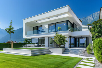 Elegant modern white villa featuring glass balconies, a lush green lawn, and stunning mountain views under a bright blue sky.