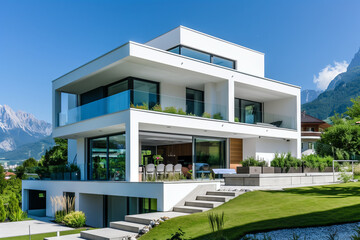 Fototapeta premium A striking white modern house with large windows, surrounded by a lush green lawn, and offering a breathtaking view of the mountains under a clear blue sky