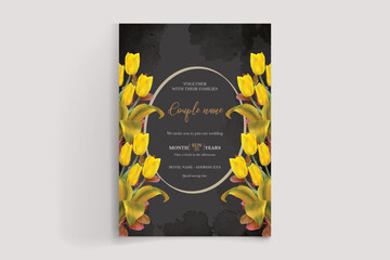 WEDDING INVITATION FRAME WITH FLOWER DECORATIONS AND FRESH LEAVES 