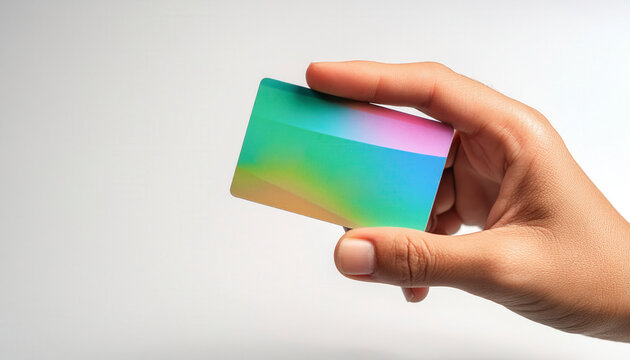 Hand holding a shiny gradient card on a white background, showcasing vibrant colors and minimalistic design, perfect for branding or business use.