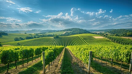 Fototapeta premium A picturesque vineyard in the countryside, with rows of grapevines under a bright blue sky