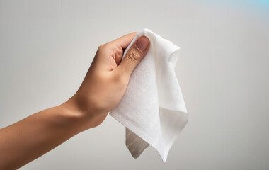 A hand holding a white tissue against a plain background. Perfect for themes of hygiene, cleanliness, and daily use.