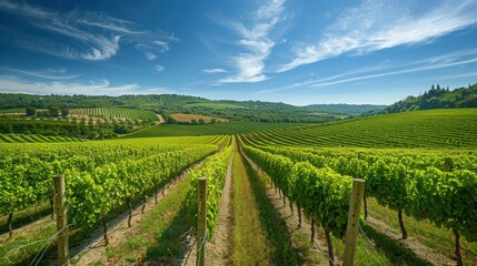 Fototapeta premium A picturesque vineyard in the countryside, with rows of grapevines under a bright blue sky