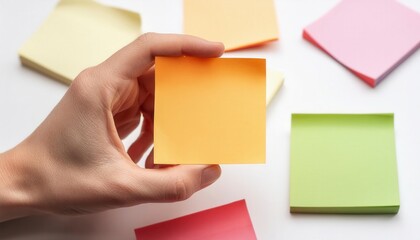 A hand holding a yellow sticky note with various colorful sticky notes scattered around on a white background.
