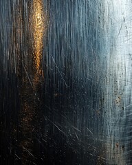 Fototapeta premium Close-up of a textured, scratched metallic surface with light reflection. Industrial and abstract background with a grunge feel.