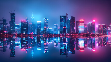 futuristic city skyline at night, illuminated by vibrant neon lights reflecting on the water. The essence of modern, high tech metropolis, ideal for urban, sci fi, and cyberpunk themes