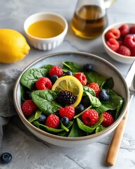 Fresh berry and spinach salad with a lemon slice on top, surrounded by ingredients on a grey background.