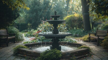 A peaceful garden with a water fountain and benches