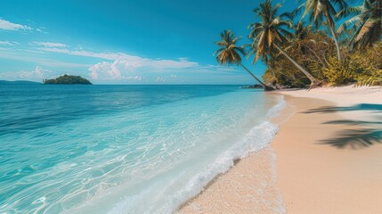 Fototapeta premium A peaceful beach with white sand, crystal-clear water, and palm trees swaying in the breeze, offering a tropical paradise