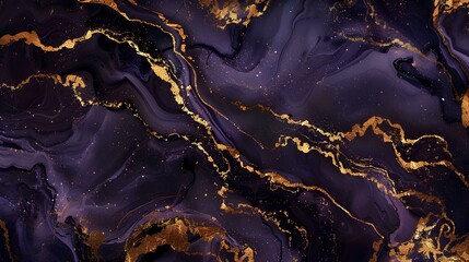 Fototapeta premium abstract background with dark purple and gold marble texture, fluid art, organic shapes, waves, golden cracks on the surface