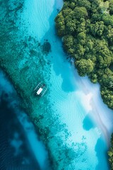 Obraz premium Caribbean sand beach. Forest next to it. Turquoise sea. Touristic boat. Top view. Copy space