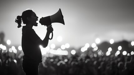 Silhouette of a woman using a megaphone at a rally, expressing protest or support with a crowd blurred in the background.