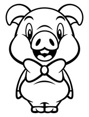 Cute Piglet cartoon characters wearing bowtie and greet. Best for coloring book, outline, logo, and coloring book with livestock products themes