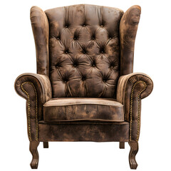 Elegant antique-style tufted leather armchair with transparent background, ideal for classic interiors