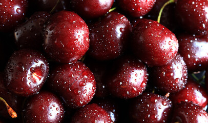 Cherry berries close-up. Wet sweet ripe cherries. Background. Dark red cherries with green stems covered with fine splashes of water. Summer berries, vitamins. Close-up of red berries