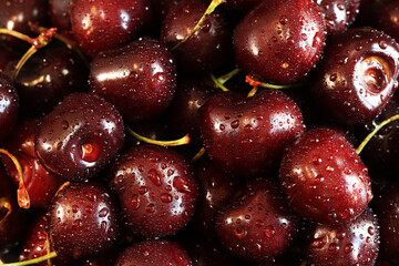 Cherry berries close-up. Wet sweet ripe cherries. Background. Dark red cherries with green stems covered with fine splashes of water. Summer berries, vitamins. Close-up of red berries