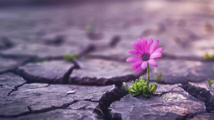 A single purple flower stands out amidst the cracked, parched ground, symbolizing resilience, hope, and beauty despite harsh conditions. Captured in a detailed, emotive style.