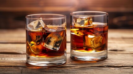 Two glasses filled with dark whiskey and ice cubes are placed on a rustic wooden surface, emanating warmth and inviting a sense of relaxation and camaraderie.