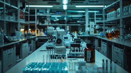 Naklejka premium A high-tech laboratory with scientists conducting experiments, advanced equipment, and innovative research