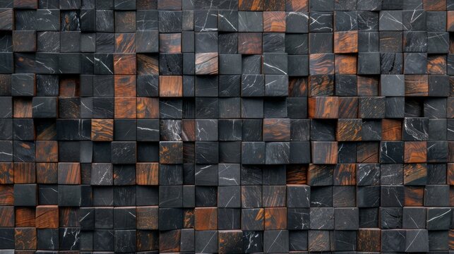 A highly textured and intricate mosaic wall composed of small, alternating dark and brown stone tiles, featuring unique patterns and various shades, creating a captivating visual effect.
