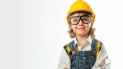 Cute child wearing construction hat and glasses, posing confidently in overalls on a white background.