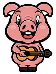 Cute Piglet cartoon characters playing music with ukulele guitars. Best for sticker, icon, logo, and mascot with music themes for kids