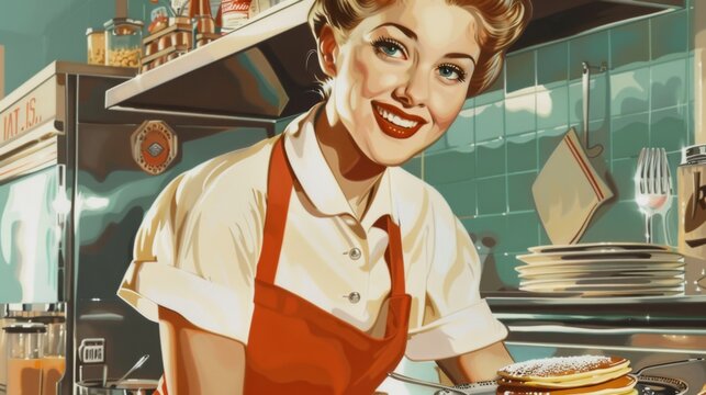 A cheerful waitress with a warm smile in a retro diner, wearing a red apron and holding a plate of pancakes, showcasing the vibrant and welcoming atmosphere of the establishment.