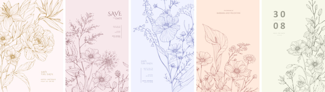 Set of floral invitation save the date card with detailed various flowers. Luxury vintage botanic template layout design, brochure or cover