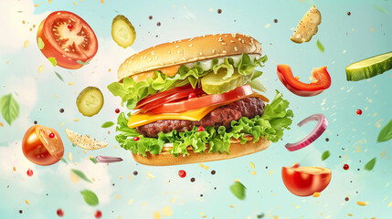 Flat design vector-style image of a juicy vegan hamburger asambled whit natural fresh flying ingredients, 32k, full ultra hd, high resolution --ar 16:9