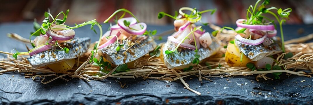 Herring Canape with Potato and Onion on Natural Rustic Background, Beautiful Creative Sea Food