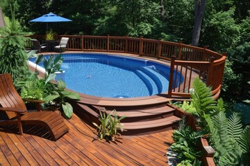 Ground Pool Deck with Railing. Poolside View of Water with Stained Deck