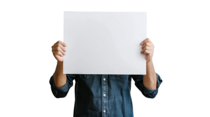 Man hand show white blank paper , holding blank poster mockup, no face, on transparent background