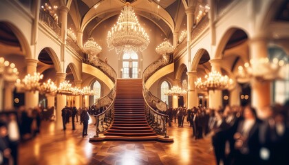Obraz premium Royal Ball - An elegant ballroom filled with royals, chandeliers, and a grand staircase.