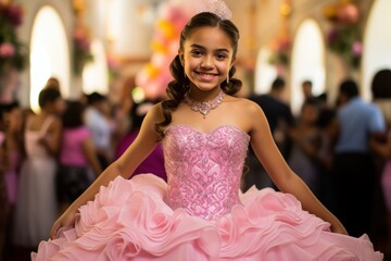 Naklejka premium Quinceanera Celebration with Smiling Girl in Pink Dress