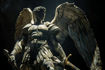Fototapeta premium Majestic Statue of an Angel Warrior in Armor with Wings, Dramatically Lit Against a Dark Background, Conveying a Sense of Strength and Grace