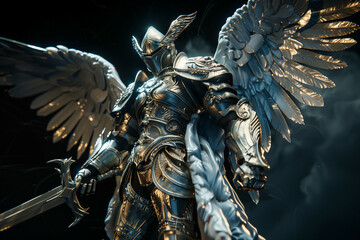 Majestic Statue of an Armored Angel Warrior with Golden Wings, Wielding a Sword in a Dark, Dramatic Setting, Symbolizing Strength and Divine Protection