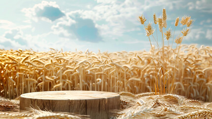 wheat spike of wheat grains beside Empty wooden cylinder podium on big wheat field.
