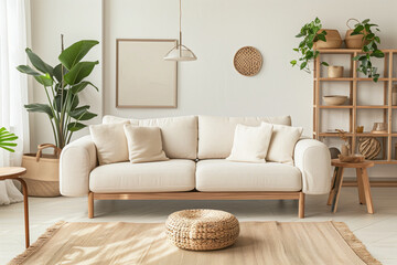 A stylish beige sofa in a bohemian designed living room, featuring natural decor elements, indoor plants