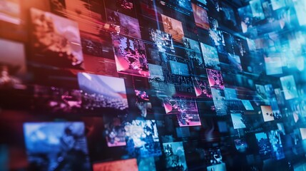 Abstract video wall in television production room as technology concept with colorful screens and various images. TV monitors on light rooms with reflections on floor. 3D Rendering