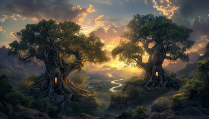 An enchanting landscape featuring two ancient, massive trees with intricately woven roots and...