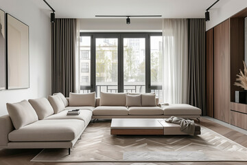 Bright and spacious living room featuring a minimalist design with white walls, large windows, and contemporary furniture, creating a calm and elegant atmosphere