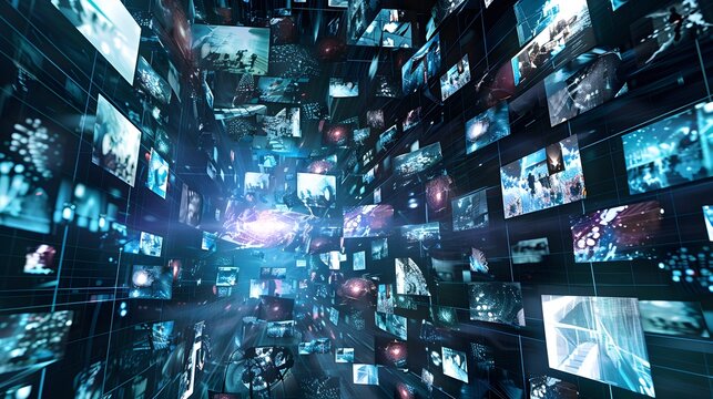 Abstract video wall in television production room as technology concept with colorful screens and various images. TV monitors on light rooms with reflections on floor. 3D Rendering