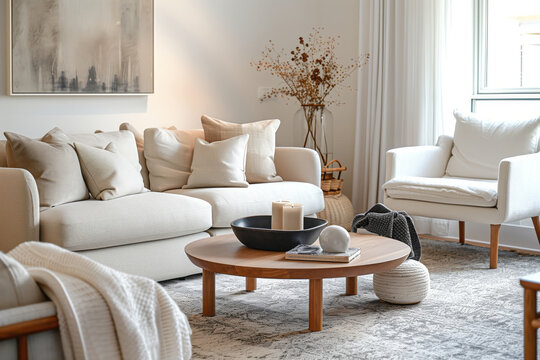 A stylish scandinavian designed living room with sofa, featuring natural decor elements and artwork on the wall