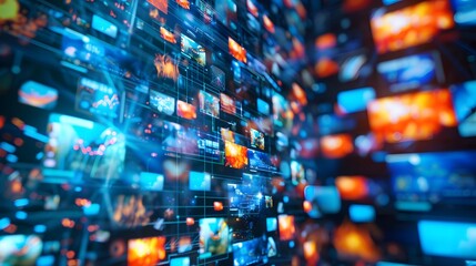 Abstract video wall in television production room as technology concept with colorful screens and various images. TV monitors on light rooms with reflections on floor. 3D Rendering