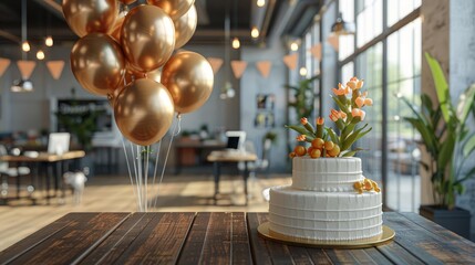 A modern office celebrating an employee's work anniversary with balloons, a cake, and congratulatory banners, happy colleagues, joyful mood