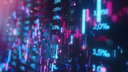 Obraz premium A vibrant, futuristic digital representation of stock market data, featuring neon lights, percentage markers, and dynamic graphs that illustrate financial trends and transactions.